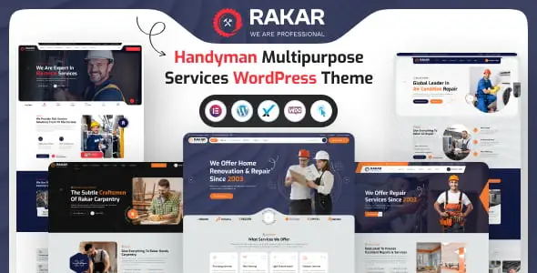 Rakar service business WordPress theme homepage demo with Elementor Pro compatibility