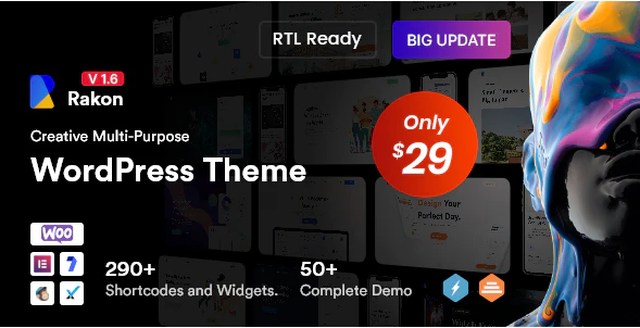 Rakon creative multi-purpose WordPress theme preview showing portfolio gallery layout and Elementor customization options