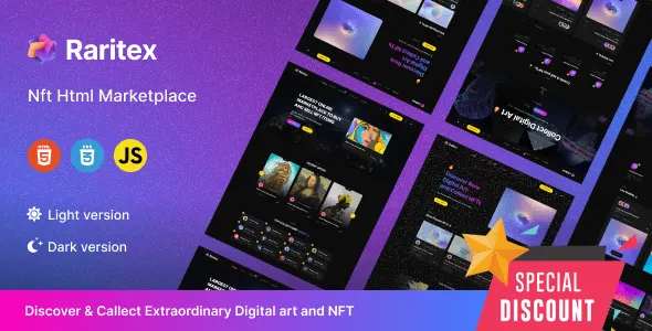 Raritex NFT marketplace HTML template with responsive design