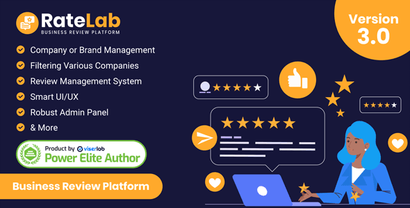 RateLab business review platform PHP script showing company listings and user review interface