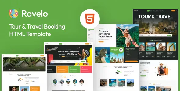 Ravelo travel and tour booking HTML template preview showcasing responsive layout on desktop and mobile devices