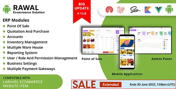 Rawal Laravel ecommerce script dashboard with admin panel, POS system, and Android app interface