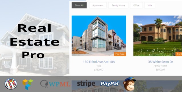 Real Estate Pro WordPress plugin interface showing property listings and membership management dashboard