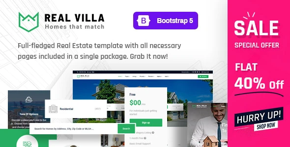 Real Villa real estate HTML5 template homepage preview showing property listings and search interface