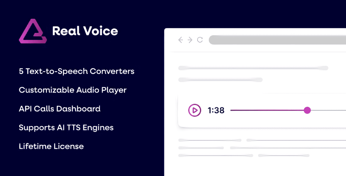 Real Voice AI text to speech plugin for WordPress dashboard interface