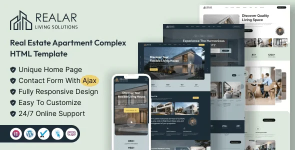 Realar real estate HTML template preview showing property listing pages and apartment complex design