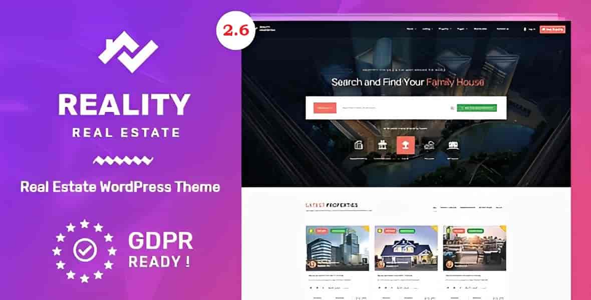 Reality real estate WordPress theme with property listing layout and modern design