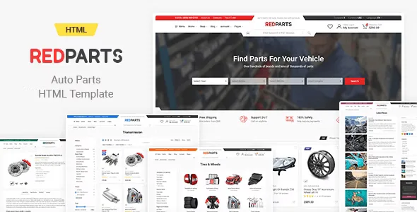 RedParts responsive auto parts HTML template preview showing spaceship header layout