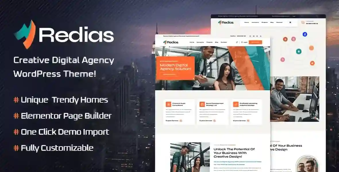 Redias creative agency WordPress theme with Elementor page builder responsive layout