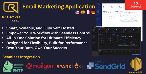 Relayzo email marketing PHP script dashboard showing campaign builder, analytics, and multi-client management interface