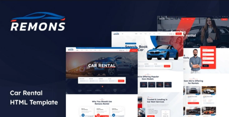 Remons car rental HTML template homepage showing vehicle fleet grid and booking interface on desktop and mobile