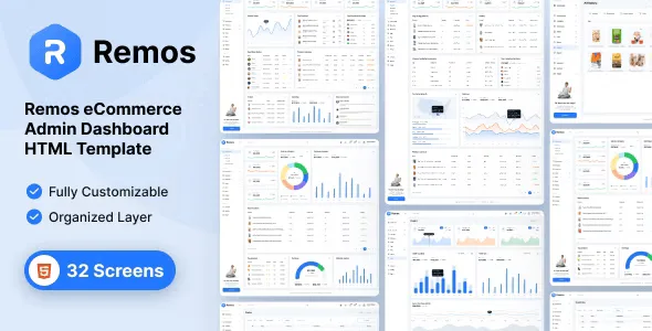 Remos ecommerce admin dashboard HTML template interface with product management and data visualization panels