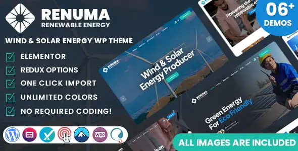 Renuma wind and solar energy WordPress theme homepage preview
