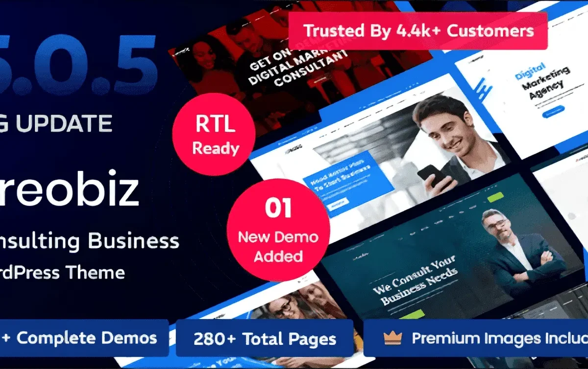 Reobiz consulting WordPress theme demo layout on desktop and mobile