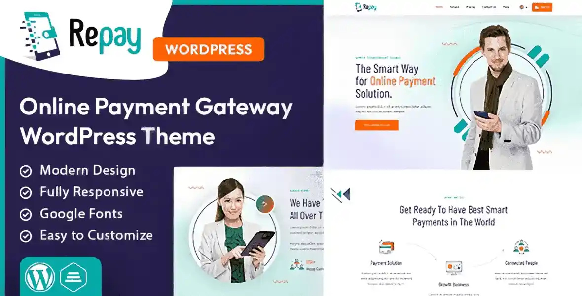 Repay payment gateway WordPress theme preview with pricing pages and corporate design layout