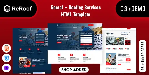 Reroof roofing website template with modern Bootstrap 5 layout for construction businesses