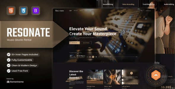Resonate music studio HTML template homepage preview showing modern responsive design for audio recording business