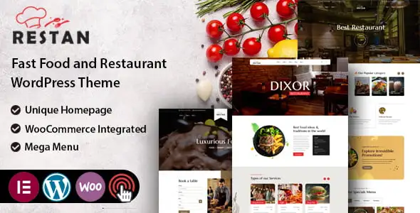 Restan restaurant WordPress theme for Elementor showcasing menu display and online ordering