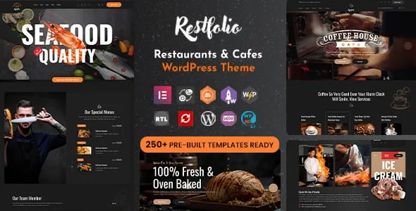 Restfolio Elementor restaurant WordPress theme homepage preview showing menu layout and responsive design