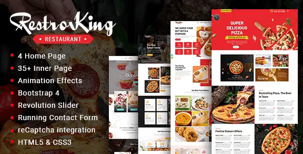 RestroKing cake pizza and bakery Bootstrap 4 HTML template preview showing responsive homepage layout