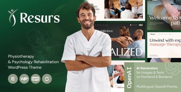 Resurs WordPress theme homepage preview for physiotherapy and psychology rehabilitation centers