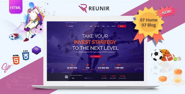 Reunir sports betting website template preview showing HTML5 investment theme layout