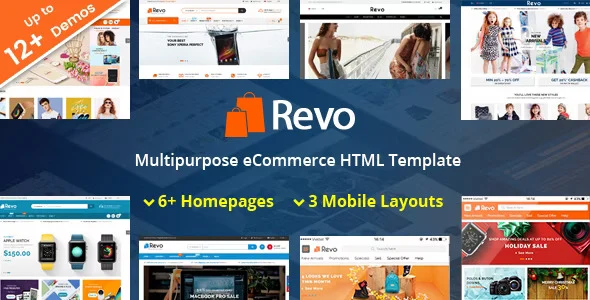 Revo responsive multipurpose HTML5 template showing multiple homepage and mobile layouts for online stores