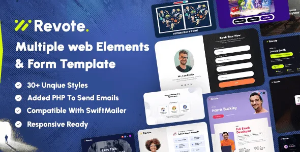 Revote web elements and forms HTML template kit showcasing responsive form designs and modern layouts