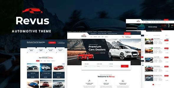 Revus automotive WordPress theme preview showing car dealership and rental demo layouts