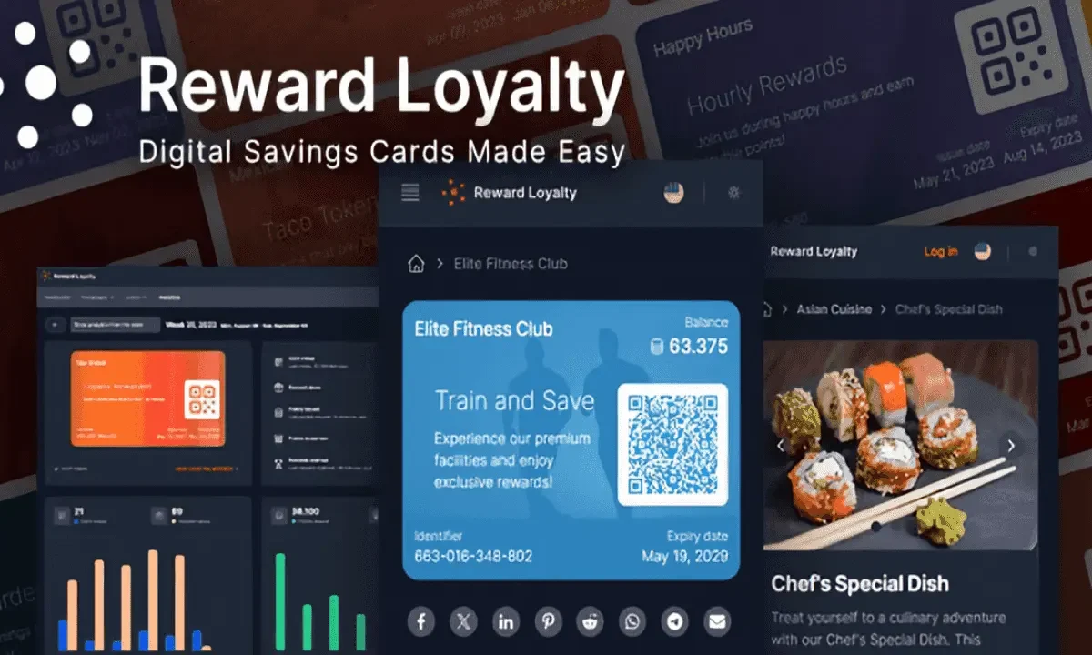 Reward Loyalty PHP script showing digital savings card loyalty program management dashboard