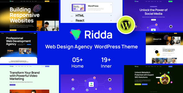 Ridda WordPress theme homepage demo showing agency portfolio layout with Elementor editor interface