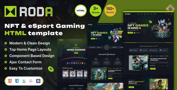 Roda NFT gaming and e-commerce HTML template with modern dark layout for game stores