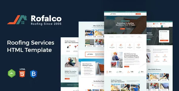 Rofalco roofing website template preview showing a modern responsive design for construction and roofing businesses
