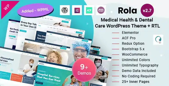 Rola medical WordPress theme homepage preview showing Elementor builder interface with healthcare layout