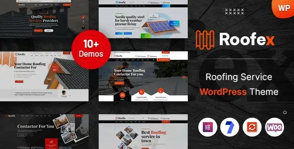 Roofex roofing WordPress theme homepage demo showing modern contractor website design with service sections and quote request form