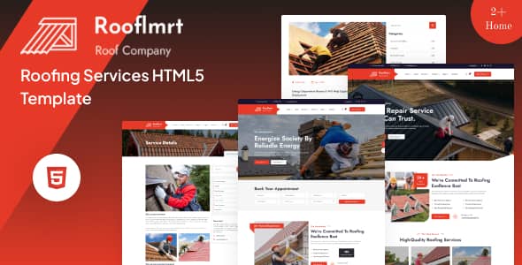 Roofimrt HTML5 template homepage preview showing roofing services layout with project gallery and contact section