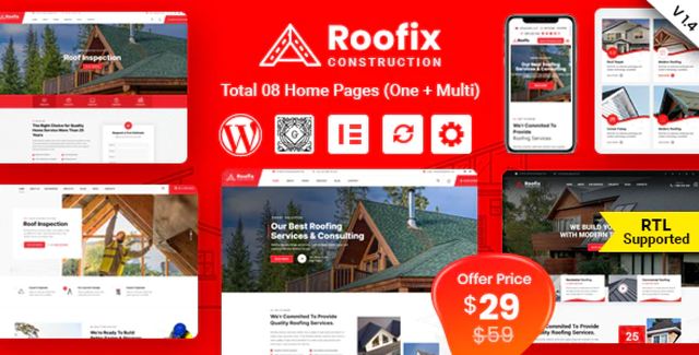 Roofix roofing WordPress theme for Elementor homepage preview