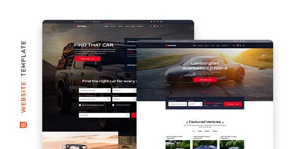 Rotors car rental website template homepage with booking search forms and advanced vehicle details
