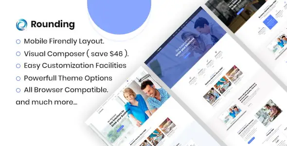 Rounding business WordPress theme homepage layout with modern corporate design