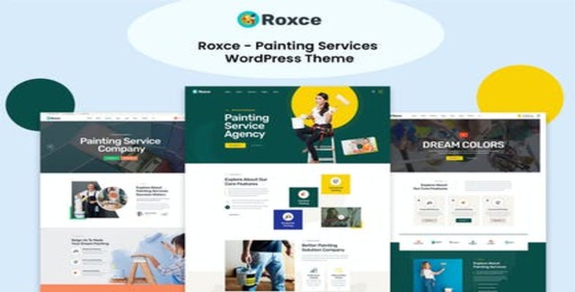 Roxce painting company WordPress theme homepage preview with modern layout and Bootstrap 5 design