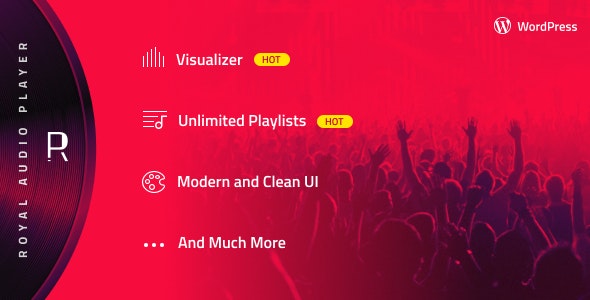 Royal Audio Player WordPress plugin interface showing responsive audio and video player with playlist controls