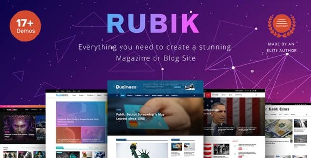 Rubik WordPress blog magazine theme with drag-and-drop page builder and multiple pre-built layouts