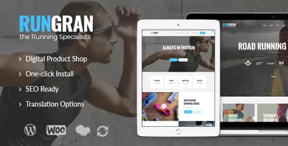 Run Gran WordPress theme for sports apparel and gear stores, featuring a modern responsive design