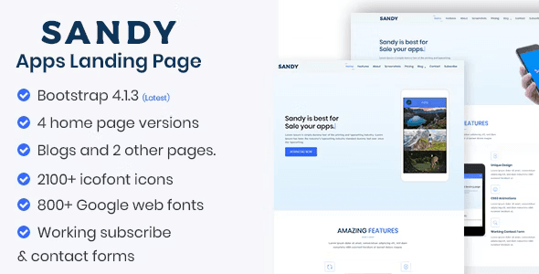 SANDY apps landing page HTML template preview with clean responsive design