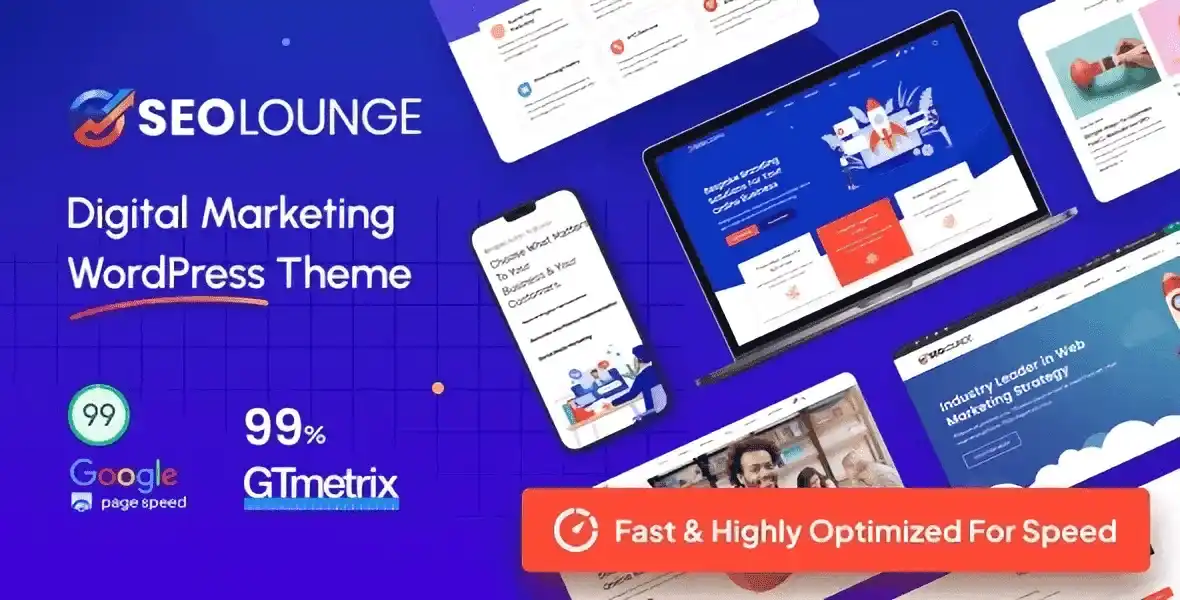 SEOLounge SEO agency WordPress theme homepage preview with marketing service sections and call-to-action layout