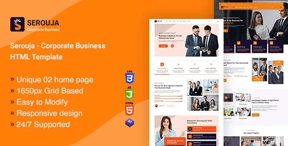 SEROUJA corporate business HTML template homepage preview showcasing a clean modern responsive design