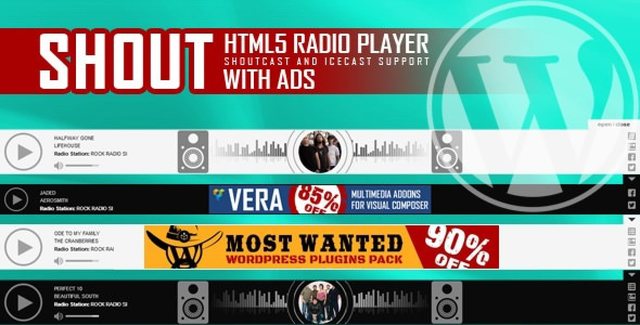 SHOUT WordPress radio player plugin interface with ads and streaming controls