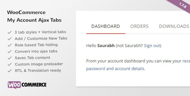 WooCommerce My Account page with AJAX-powered tab navigation showing instant content switching