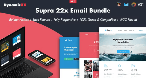 Supra HTML email template builder showing 20 responsive email marketing templates