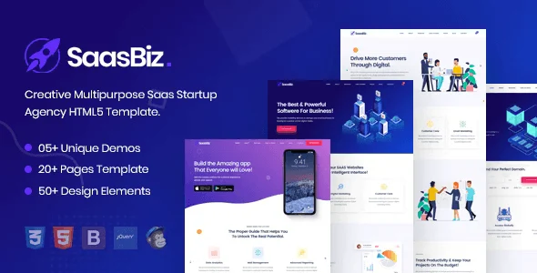 SaasBiz SaaS startup HTML template with responsive Bootstrap design and Elementor PRO compatibility